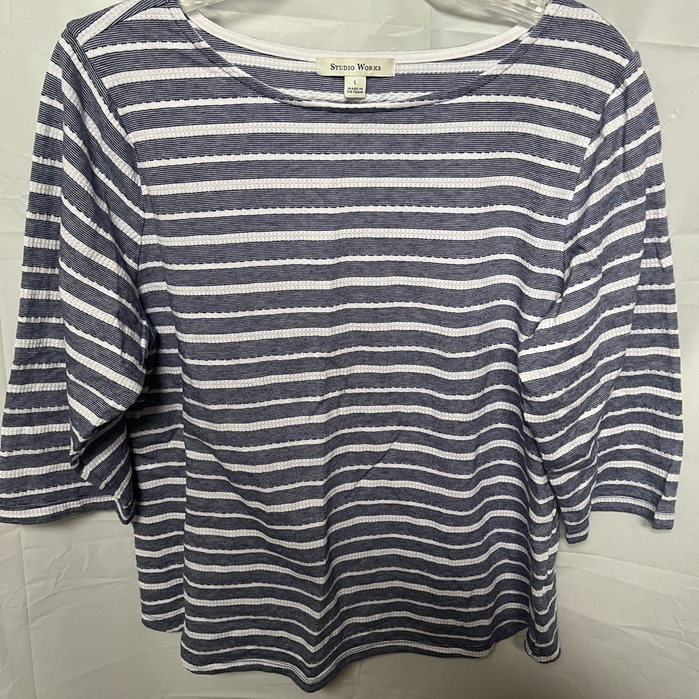 Studio Works Navy and White Striped 3/4 length Sleeve Top
